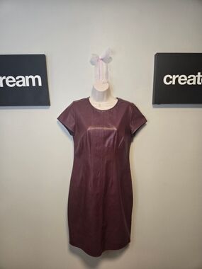 Vince Camuto Burgundy Faux Leather Short-Sleeve Sheath Dress